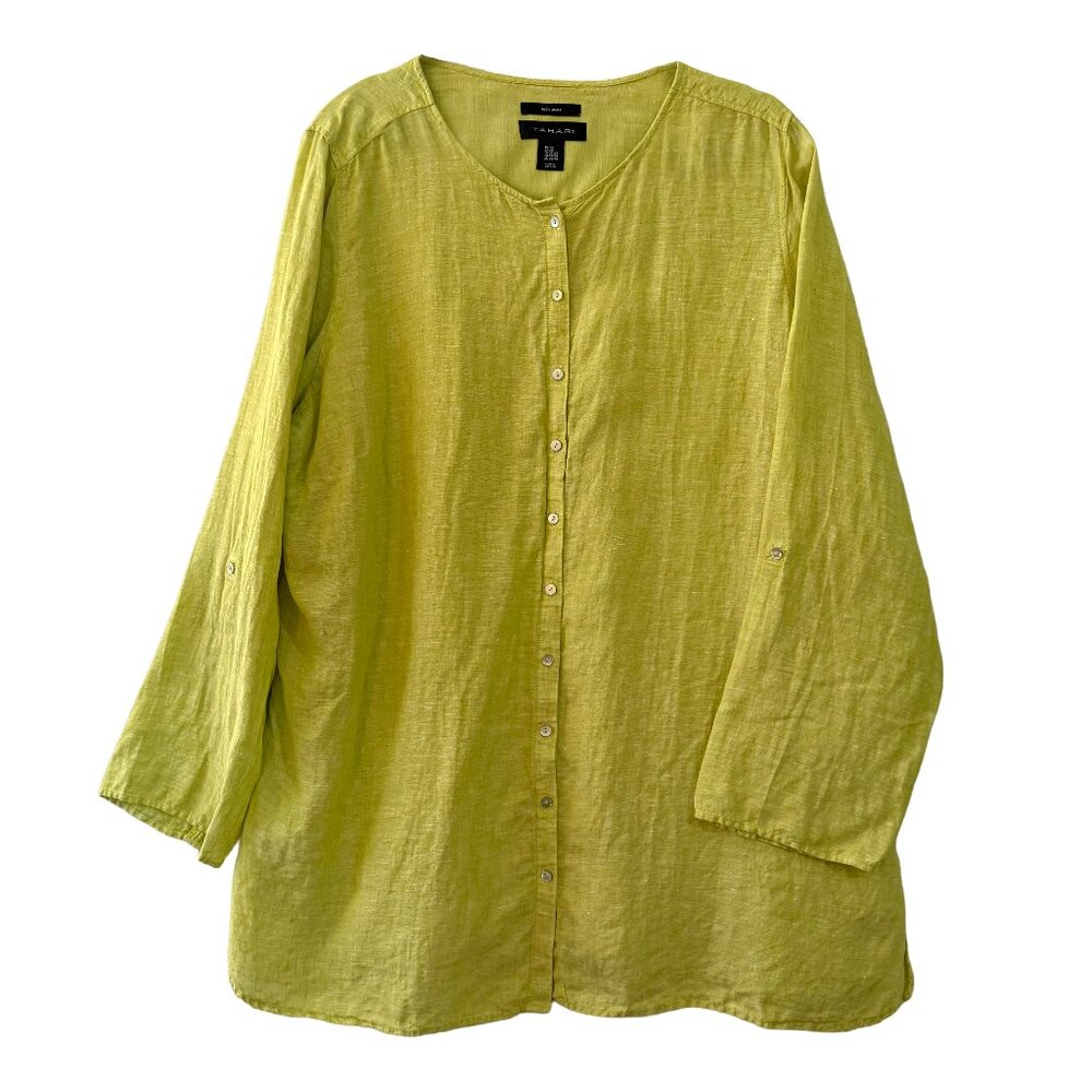 Talbots Linen Button Down Tunic Top Lemon Lime Yellow 2x lagenlook coastal